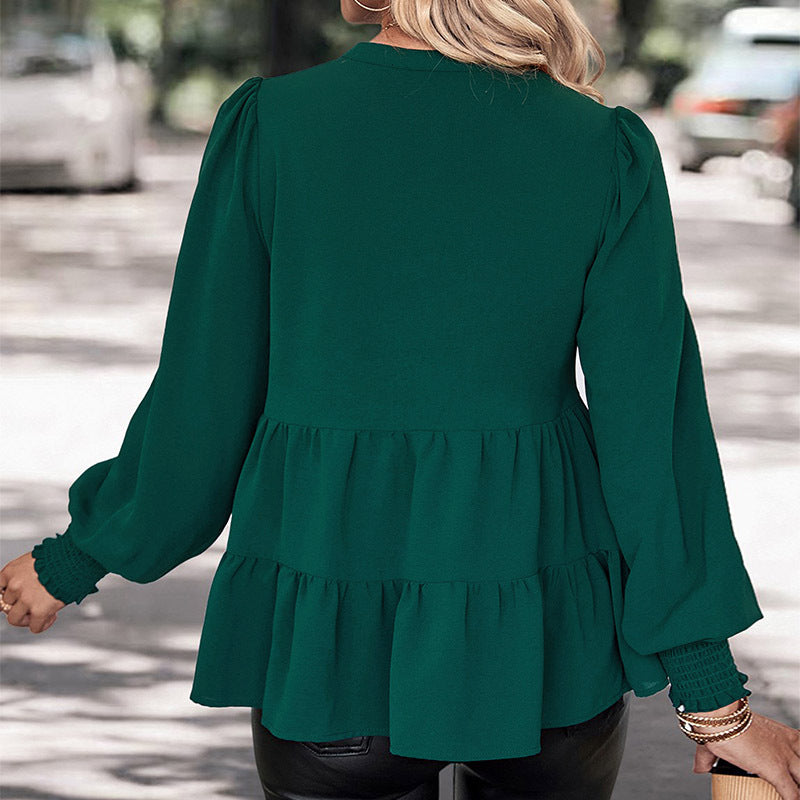 Women's Two-Tier Ruffle Blouse with V-Neck and Gathered Cuff Sleeves Chichicherry