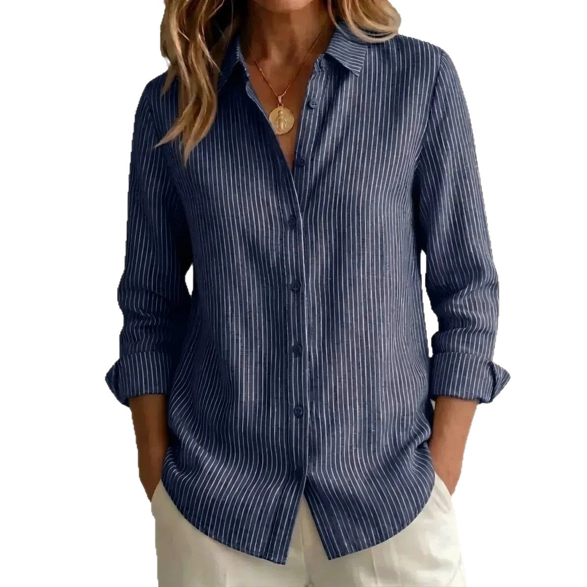Women's lightweight shirt with fine pinstripe relaxed fit and button placket Chichicherry