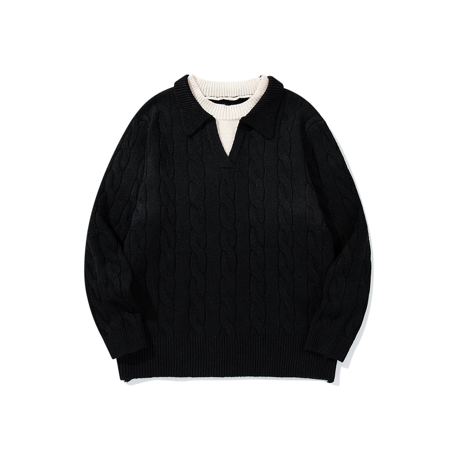 Unisex Structured Cable Knit Sweater with Polo Collar and Deep V-neck Chichicherry