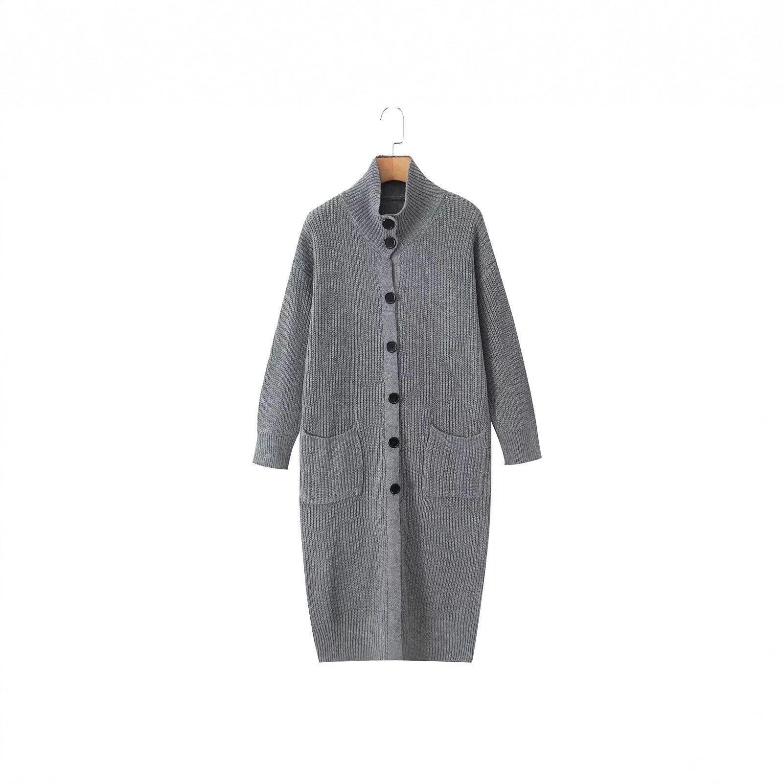 Women Long Chunky Knit Cardigan with Shawl Collar, Button Placket and Patch Pockets Chichicherry