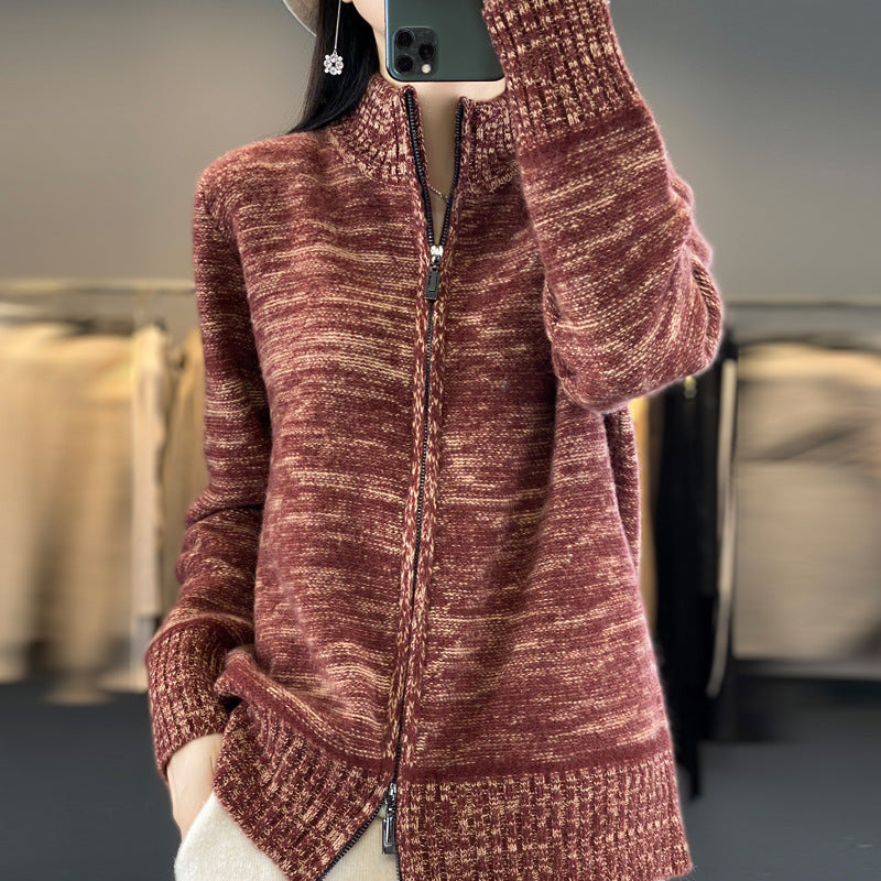 Women’s zippered cardigan with mottled texture and stand-up collar Chichicherry