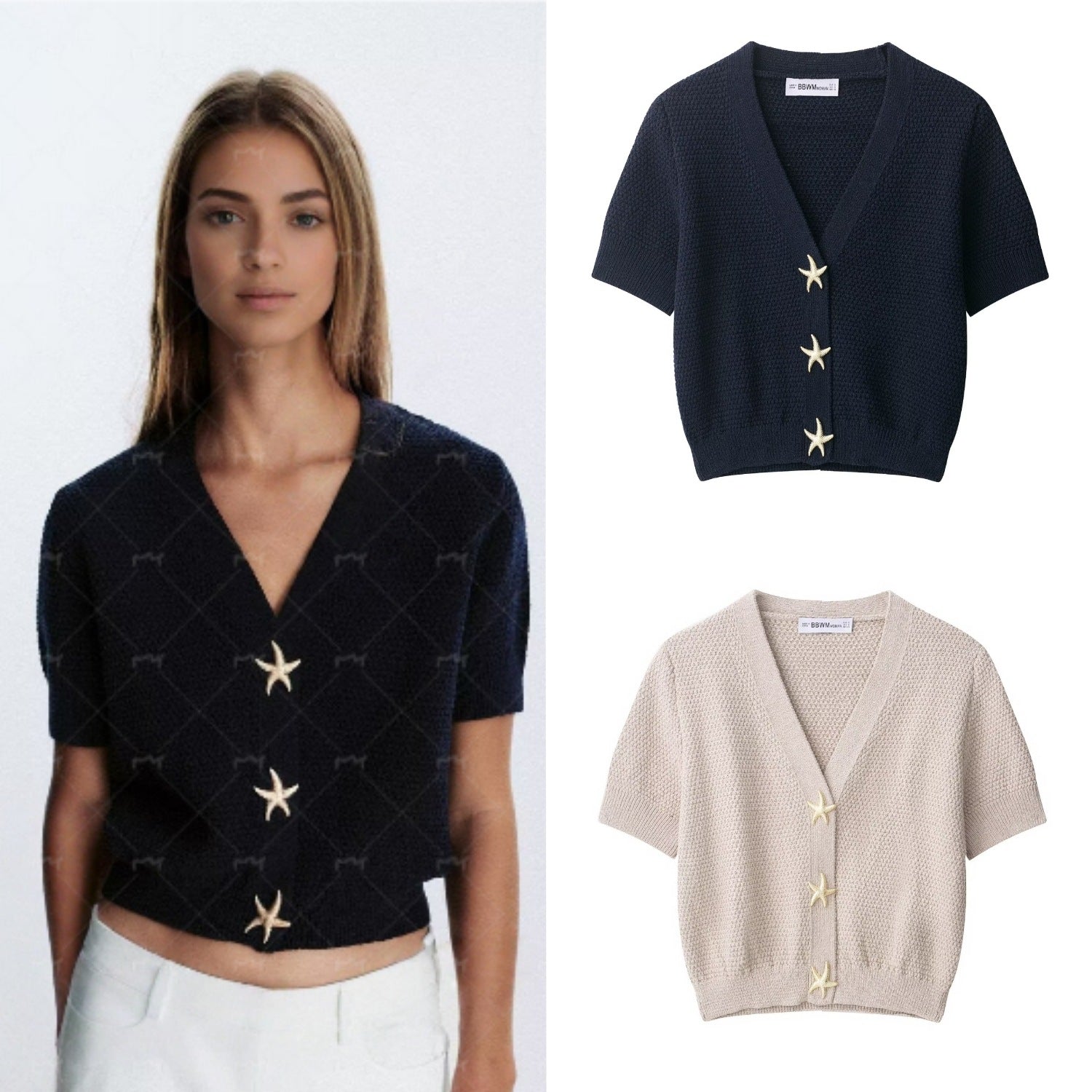Women's Short-Sleeved Textured Knit Cardigan with V-Neck and Starfish Buttons Chichicherry