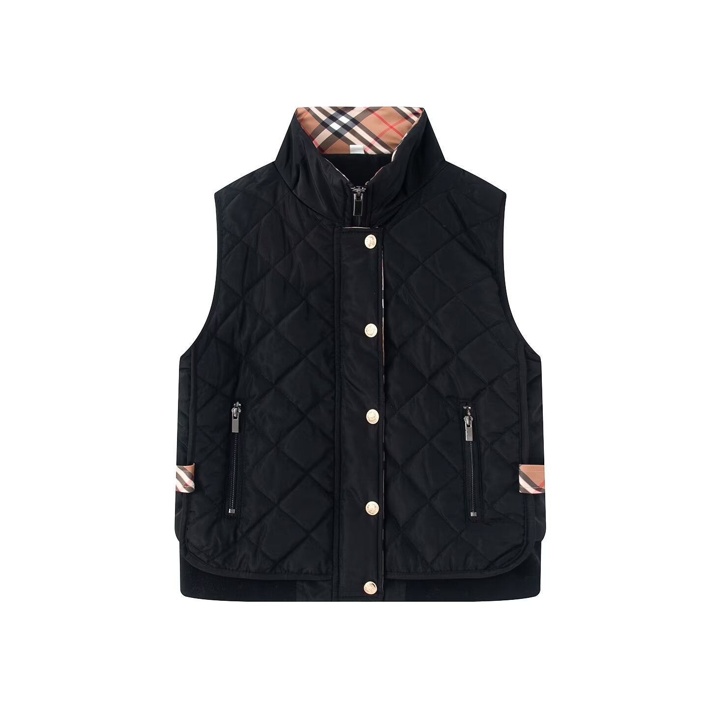 Women's quilted vest with stand-up collar, zippered pockets, and checked lining Chichicherry