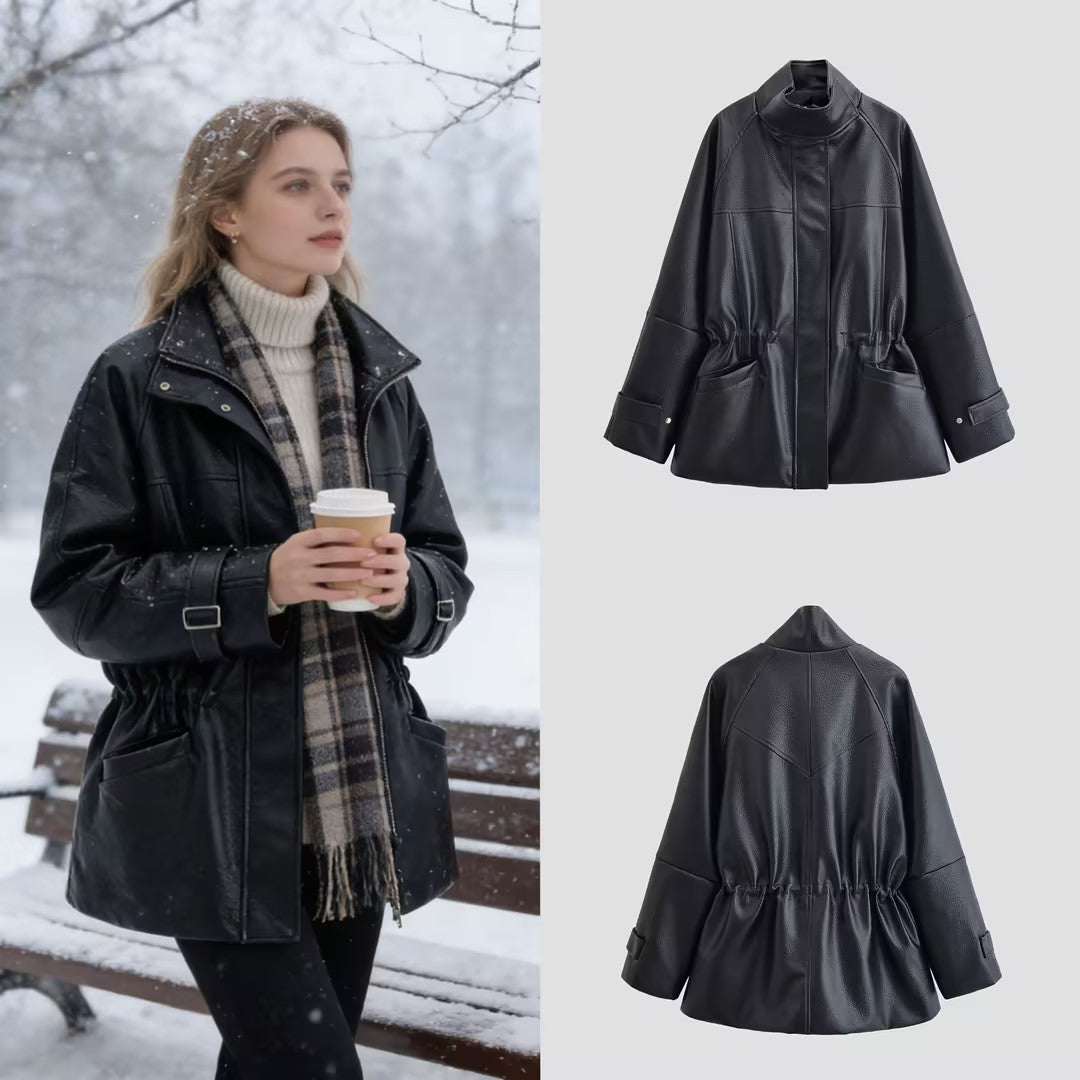 Women's Oversized Faux Leather Jacket with Stand Collar, Waist Drawstring and Patch Pockets Chichicherry