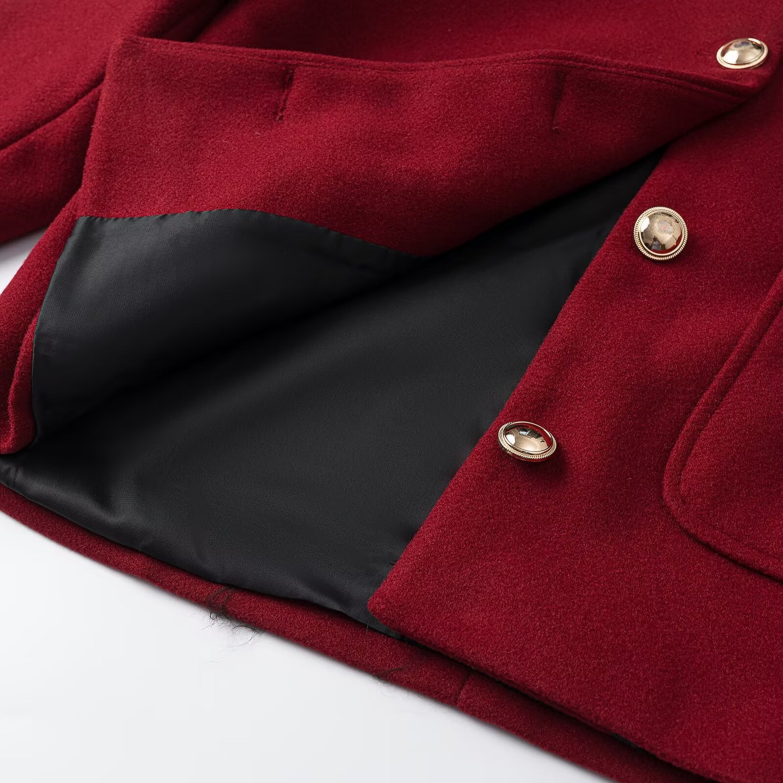 Women's cropped wool blend jacket with round neck, patch pockets and gold decorative buttons Chichicherry