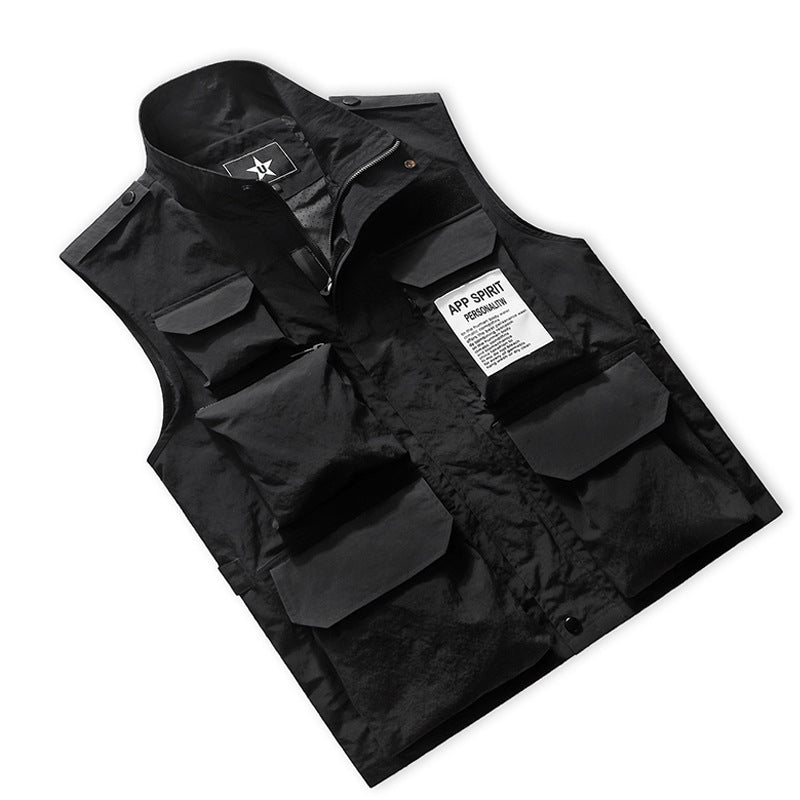 Men's Multifunctional Utility Vest with Multiple Pockets and Stand-Up Collar Chichicherry