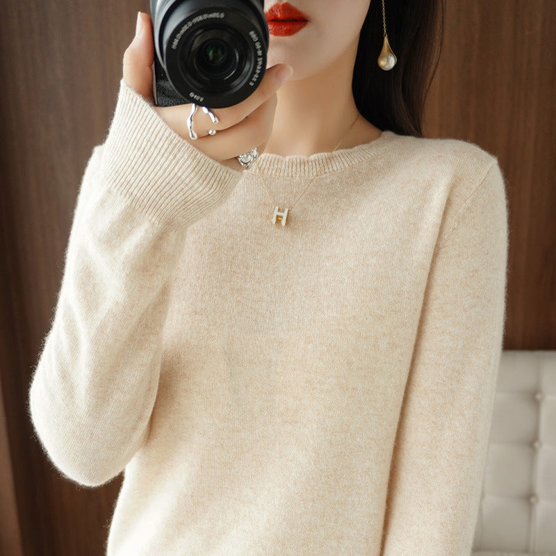 Women Soft Cashmere Blend Rounded Neck Sweater with Fine Ribbed Cuff