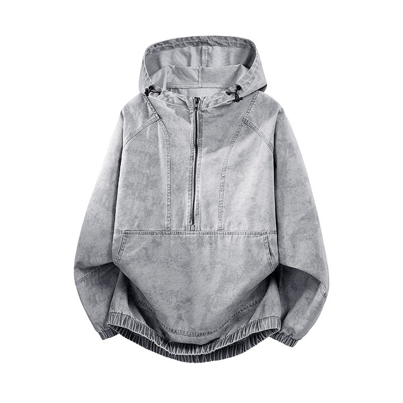 Men's Oversize Canvas Half-Zip Hoodie Anorak with Kangaroo Pocket and Elastic Hem Chichicherry