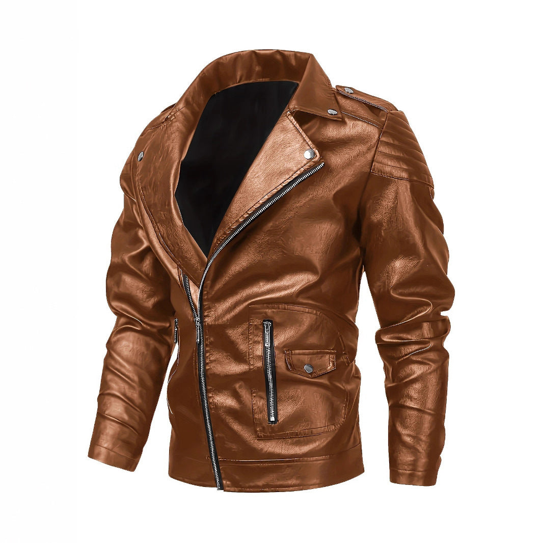 Men's biker jacket made of faux leather with asymmetrical zipper and padded shoulder inserts Chichicherry