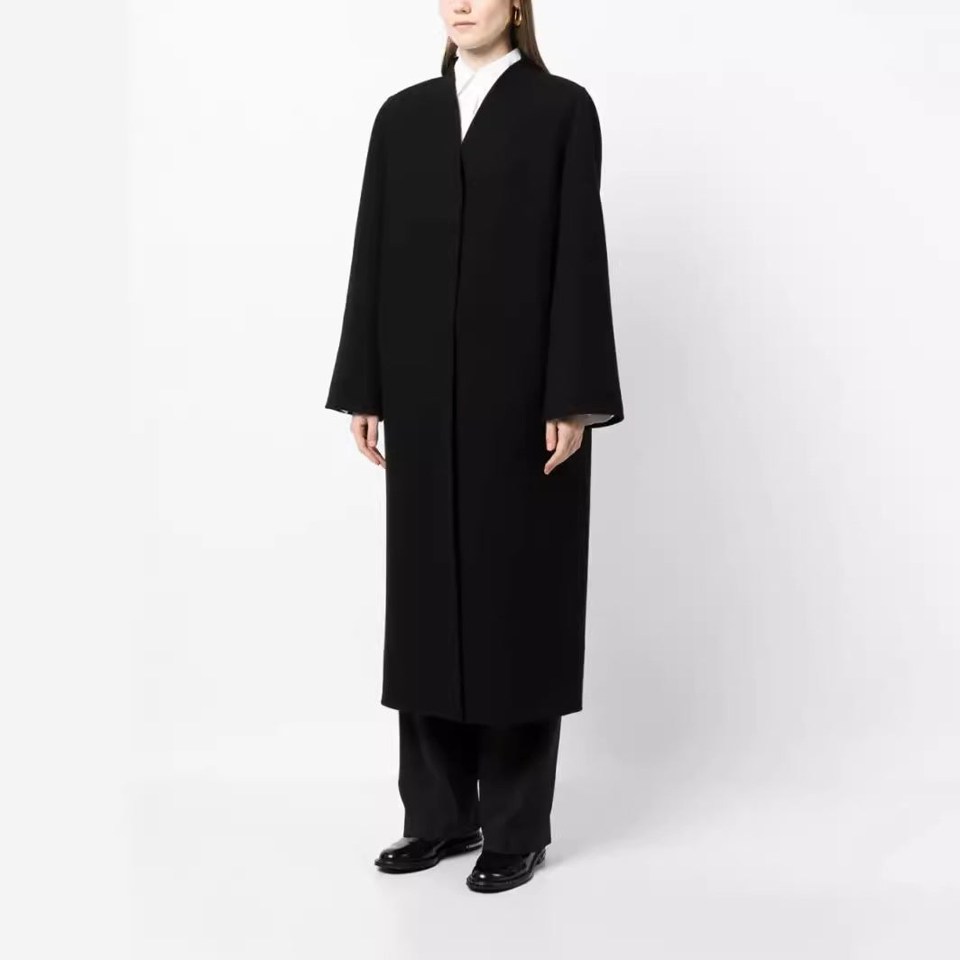 Women's Maxi-Length Minimalist Coat with Concealed Front and Boxy Shoulder Chichicherry