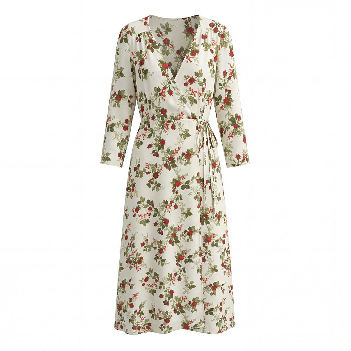 Women's Wrap Midi Dress with V-Neck, Tie Belt and Floral Allover Print Chichicherry