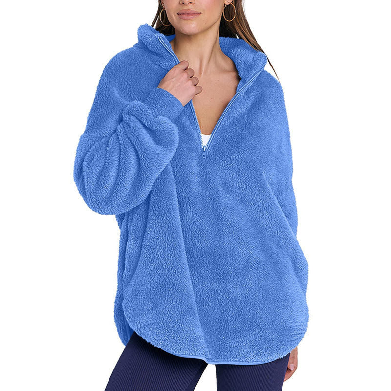 Women Fluffy Oversized Sherpa Pullover with Half Zip and Kangaroo Pockets Chichicherry
