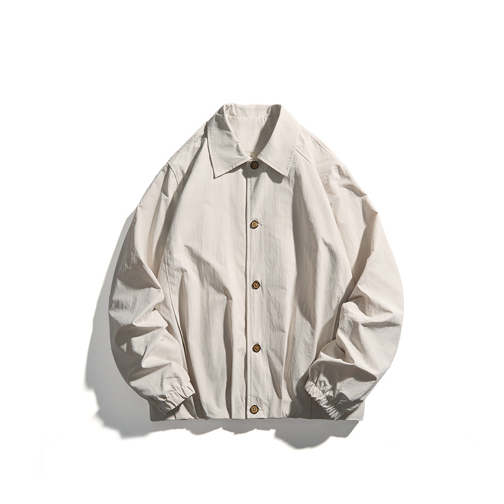 Unisex Lightweight Shirt Jacket in Boxy Cut with Wooden Button Placket and Elastic Cuffs Chichicherry