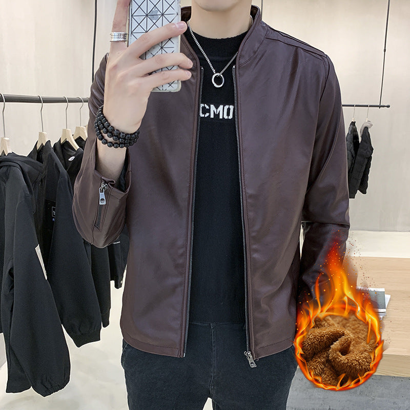 Men's slim-fit faux leather flight jacket with minimalist stand collar and concealed zip placket Chichicherry