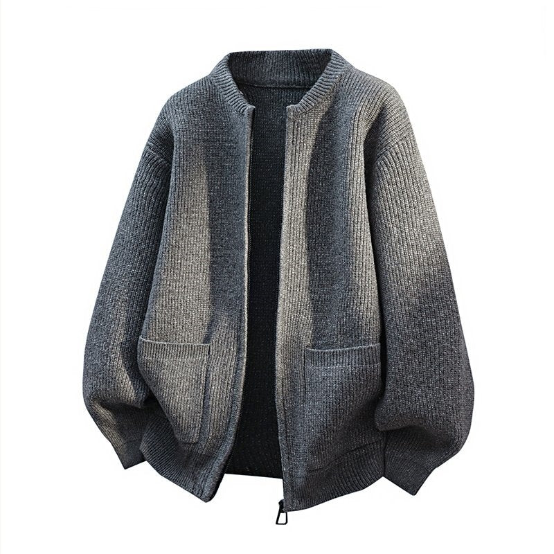 Men's Oversized Cardigan with Two-Way Zipper, Ribbed Hem and Patch Pockets Chichicherry