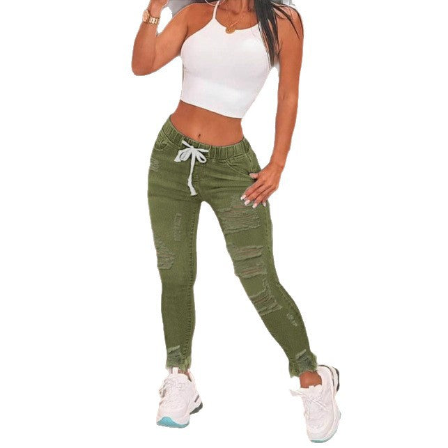 Women's waist-accentuated denim joggers with drawstring, ripped details & sculpting effect Chichicherry