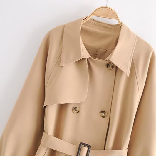 Women's Double-breasted Trench Coat with Waist Belt and Shoulder Yoke Chichicherry