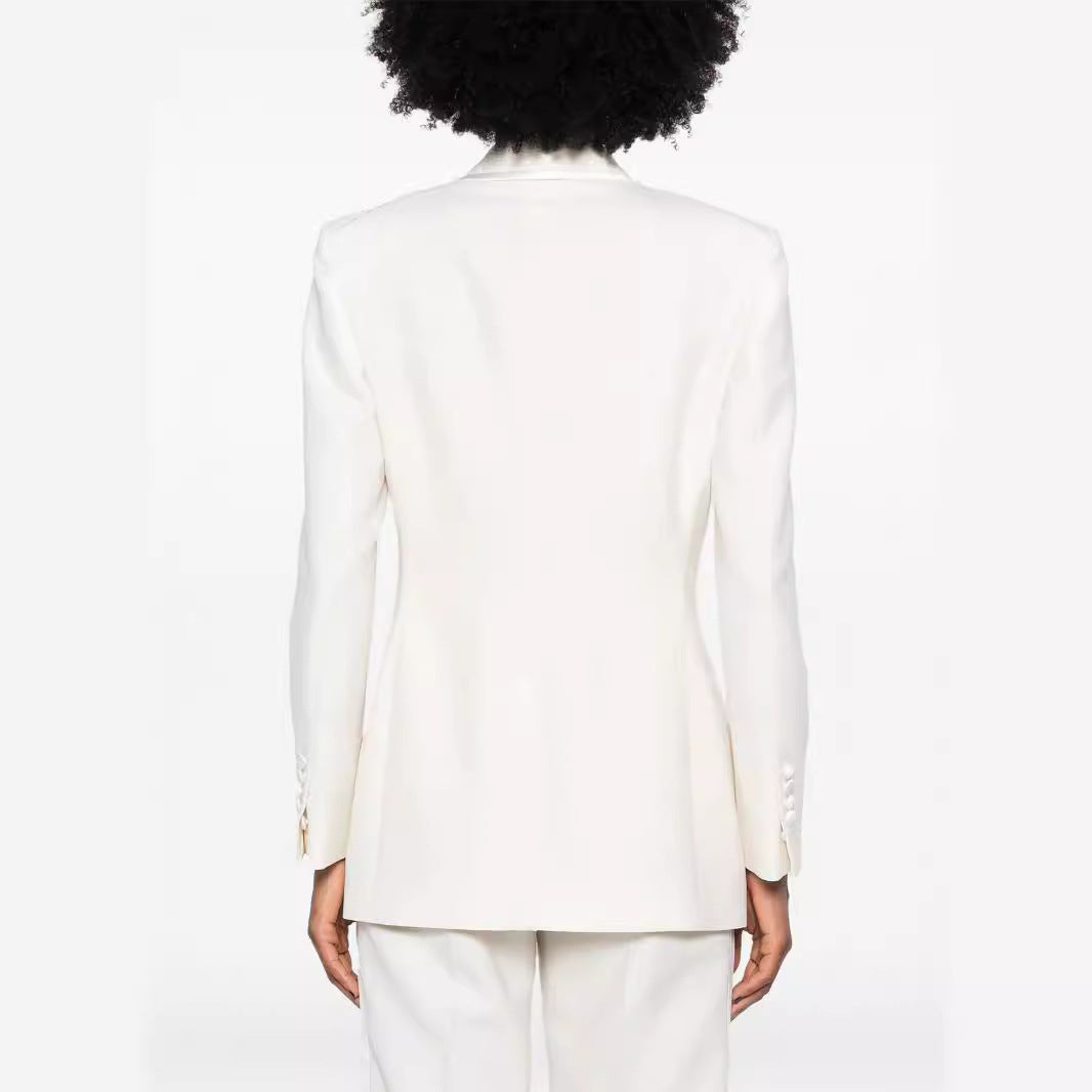 Women's Double-Breasted Long Blazer Pantsuit with Marlene Wide Leg Pants and Slim Silhouette Chichicherry