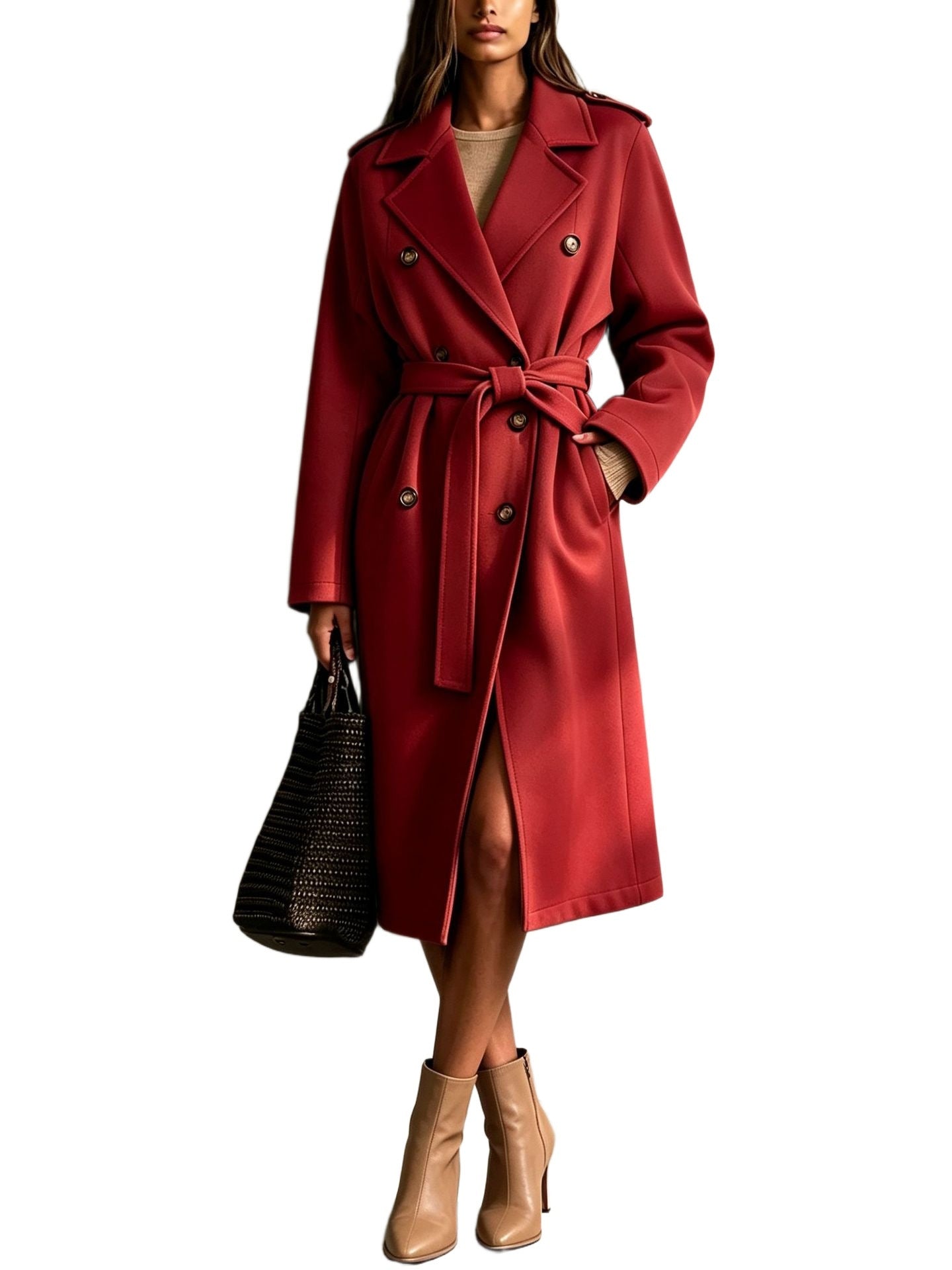 Women's Long Double-Breasted Wool Mix Coat with Ties Chichicherry