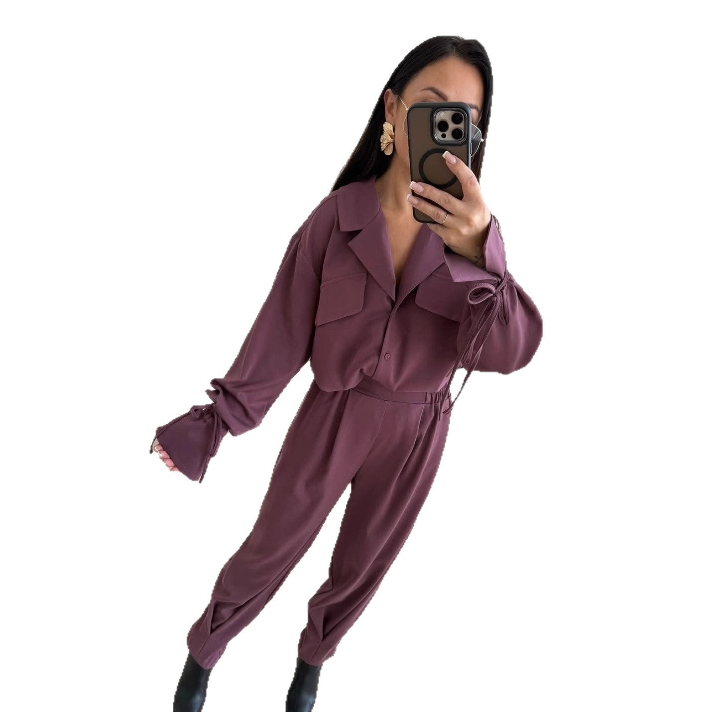 Damen Zweiteiliges Loungewear-Set mit Oversized-Bluse, Pattentaschen, Kordelmanschetten und hochtaillierter Jogpant Chichicherry