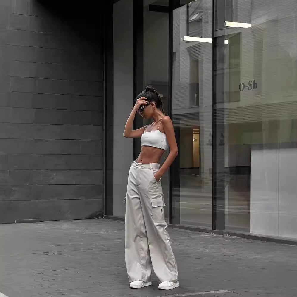 Damen Weite High-Waist Cargo-Hose mit Oversized-Silhouette und Klappentaschen Chichicherry
