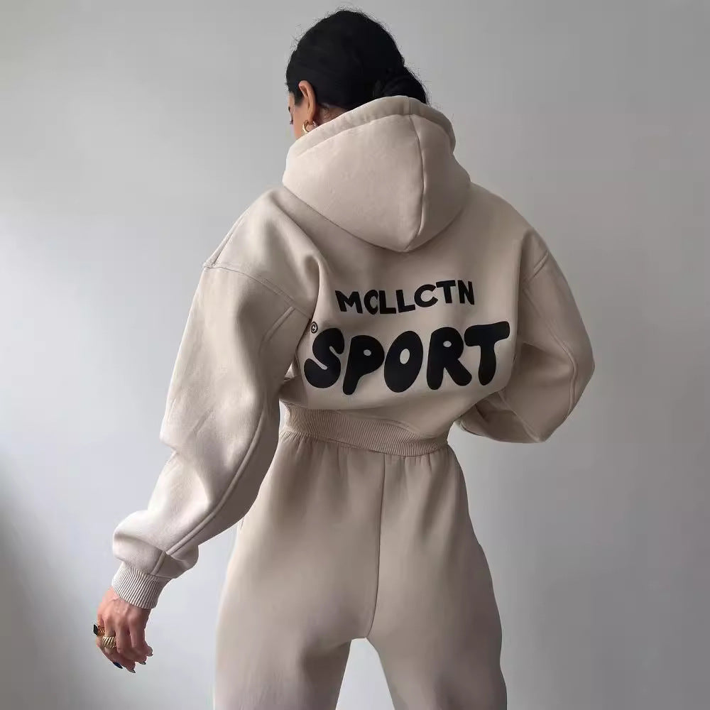 Damen Cropped Kapuzenpullover und High‑Waist Jogginghose Lounge‑Set aus Baumwollfleece Chichicherry