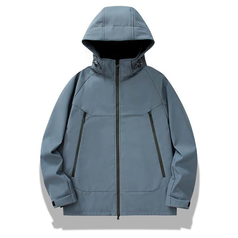 Men's technical softshell jacket with hood, welded seams and ergonomic raglan sleeves Chichicherry