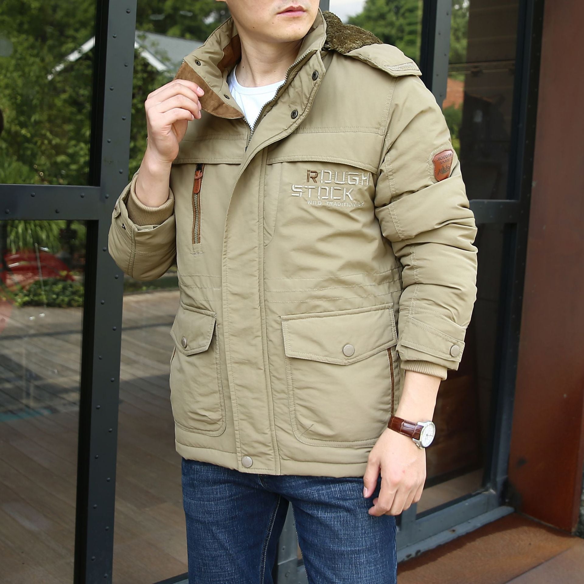 Men's insulated field parka with Sherpa collar and multifunctional pockets Chichicherry