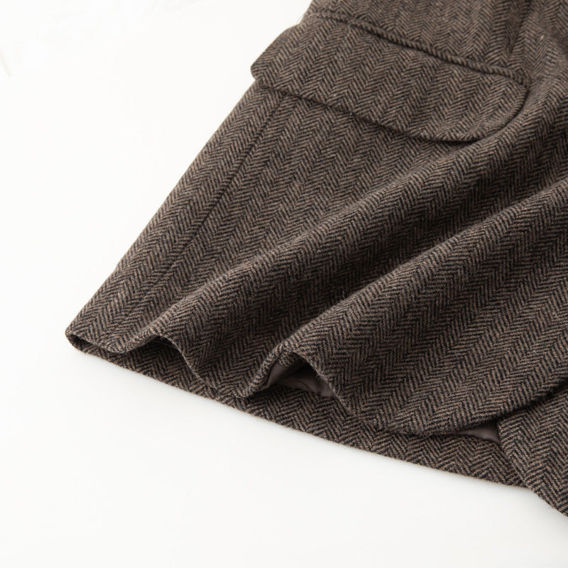 Women Double-Breasted Wool Blend Blazer in Herringbone Pattern with Flap Pockets Chichicherry