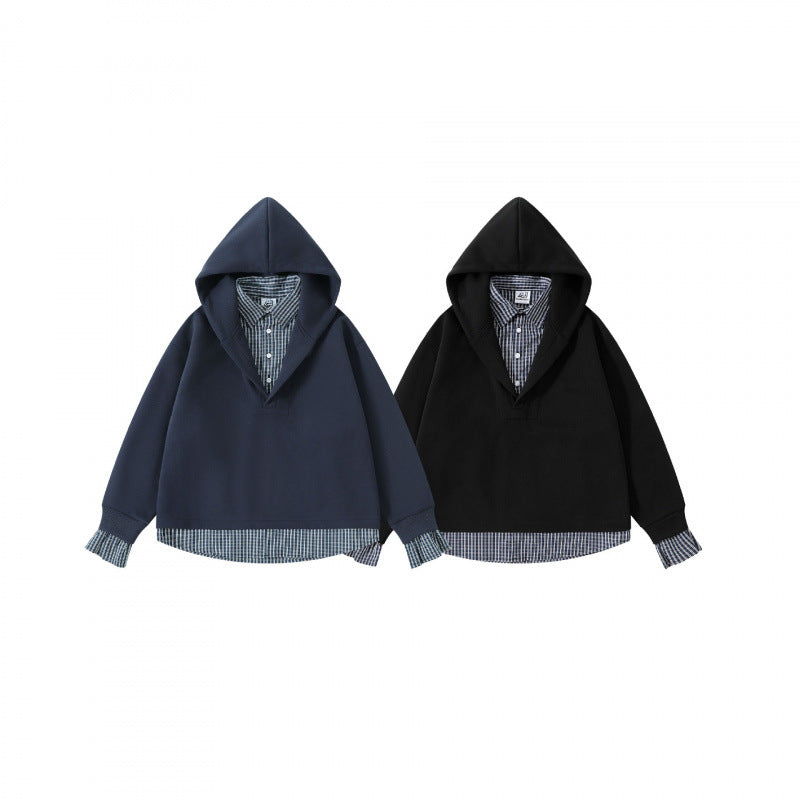 Women's Layering Hoodie with Inserted Shirt Collar, Checked Hem and Cuff Look Chichicherry