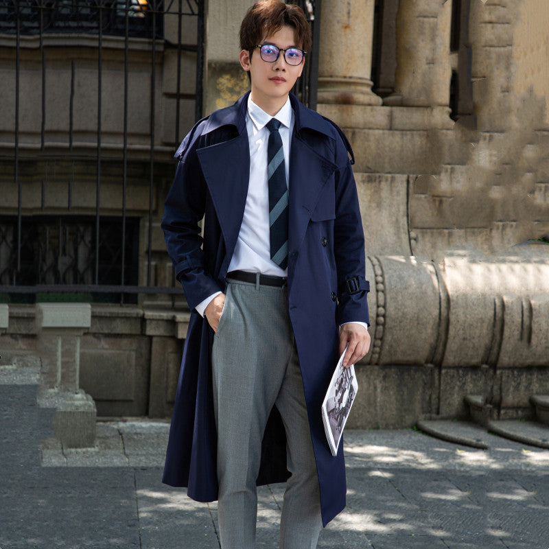 Men's Elegant Long Trench Coat with Tie Belt and Back Yoke Chichicherry