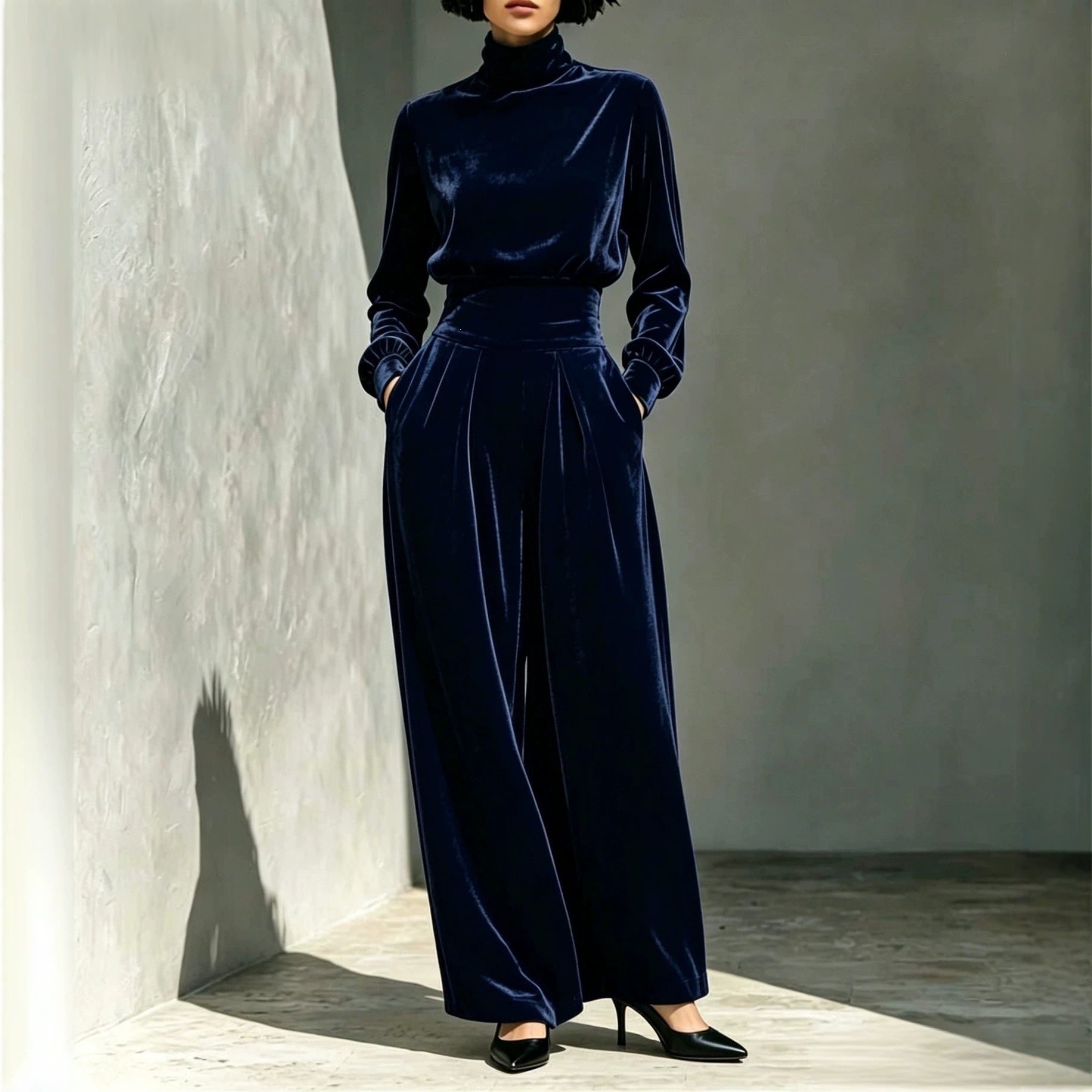Women's velvet set with turtleneck top and high-waisted, wide pleated pants Chichicherry
