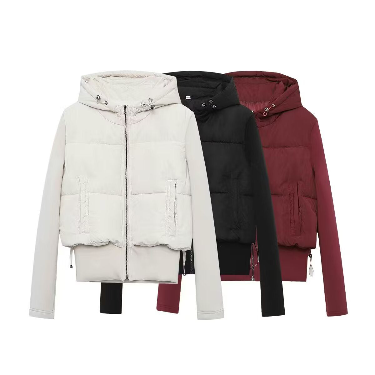 Women short-cut hybrid quilted jacket with hood, waist drawstring and elastic sleeves Chichicherry