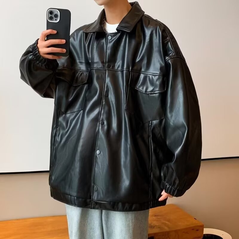 Herren Oversized PU-Leder-Shacket mit Pattentaschen und elastischen Bündchen Chichicherry