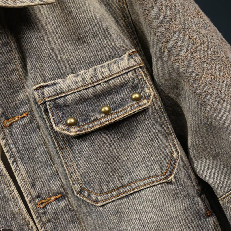 Herren Vintage-inspirierte Jeansjacke im Worker-Look mit Used-Wash und aufgesetzten Brusttaschen Chichicherry