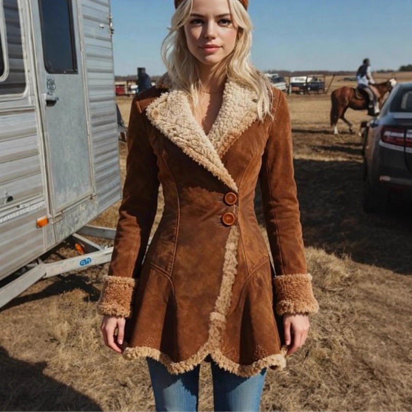 Women's Tailored Suede Imitation Coat with Teddy Lining and Flared Hem Chichicherry