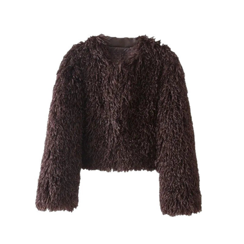 Ladies short bouclé faux fur jacket with voluminous long pile and boxy silhouette Chichicherry