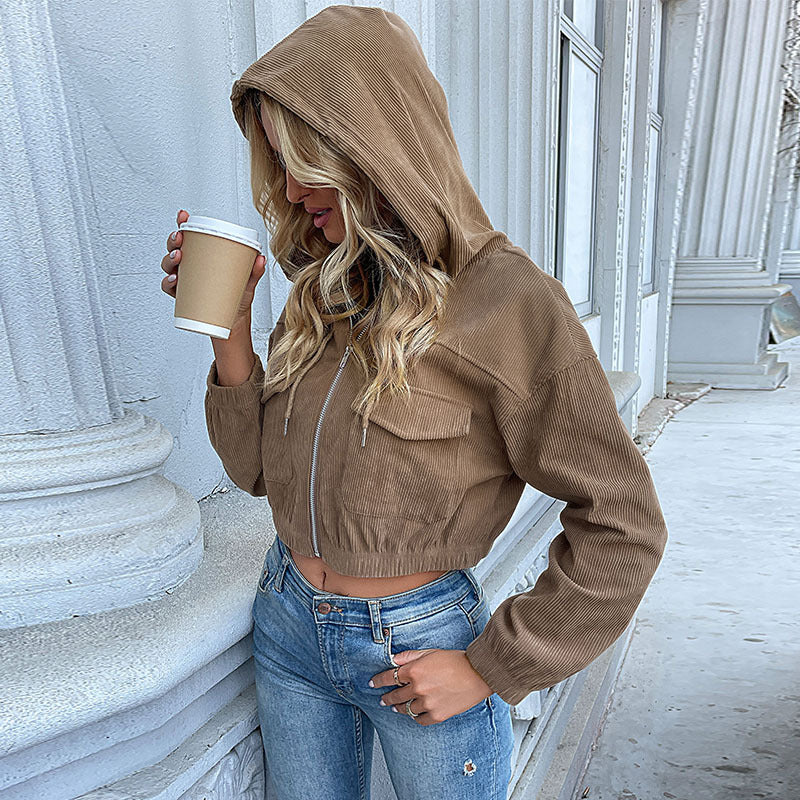 Women's Short Cord Jacket with Hood, Zipper & Chest Pockets Chichicherry