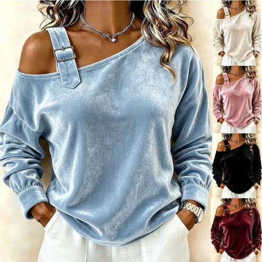 Women's velvet sweatshirt with asymmetric Carmen neckline and decorative buckle Chichicherry