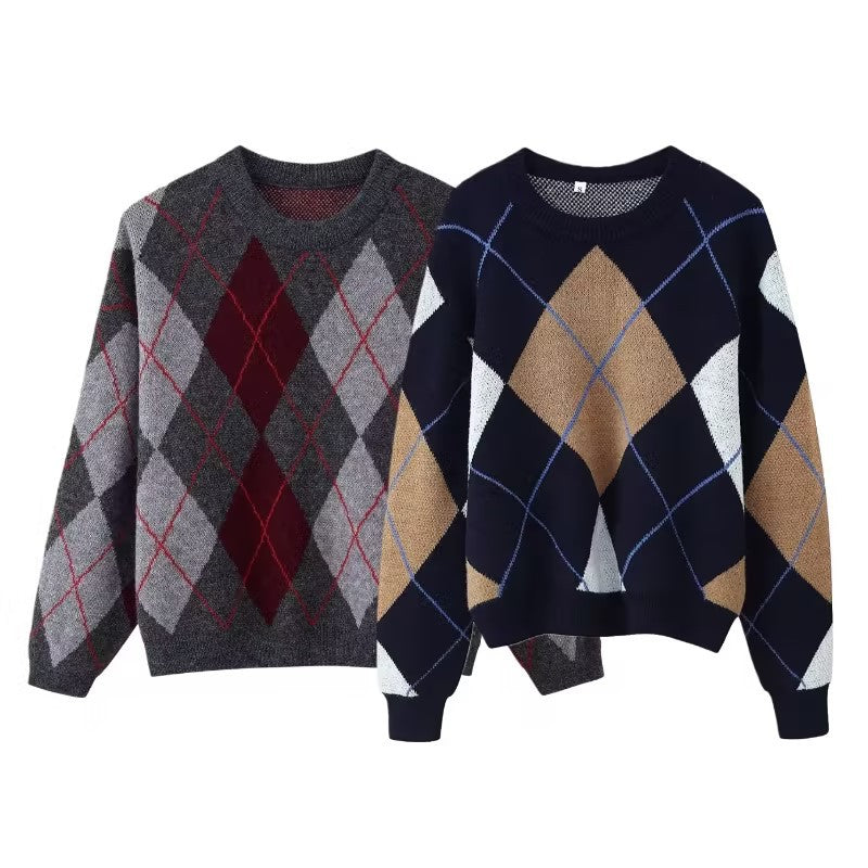 Women's Diamond Argyle Knit Sweater with Round Neck and Slightly Oversized Cut Chichicherry