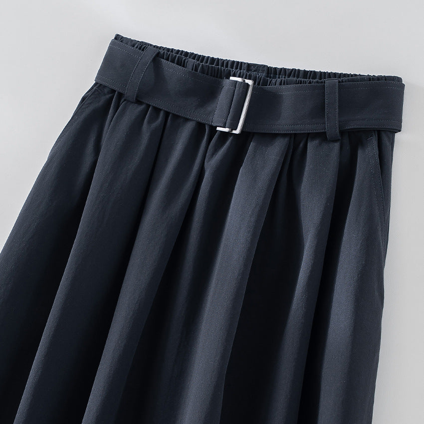 Women's Mid-length A-line Skirt with High Waist, Pleats and Waist Belt Chichicherry