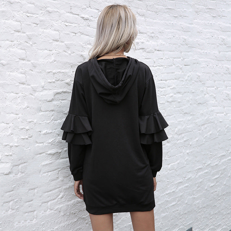 Women Oversize Hooded Dress with Two-Tier Ruffled Sleeves and Side Pocket Chichicherry