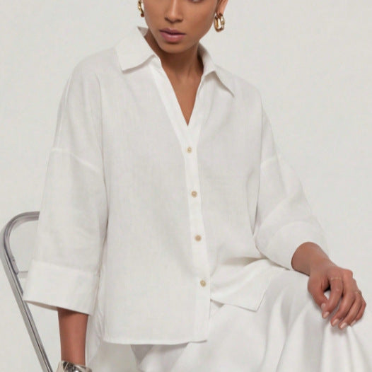 Women's Lightweight Oversized Linen Look Blouse with Three-Quarter Sleeves and Full Button Placket Chichicherry