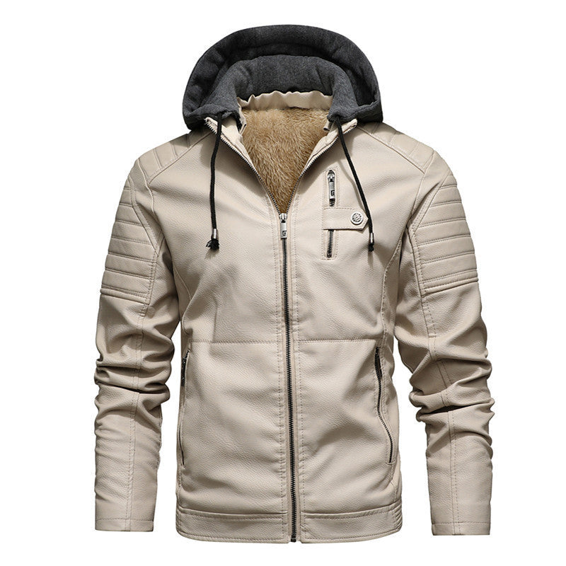 Men's Faux Leather Hoodie Blouson with Teddy Lining, Quilted Sleeve Yoke and Hood Layer Chichicherry