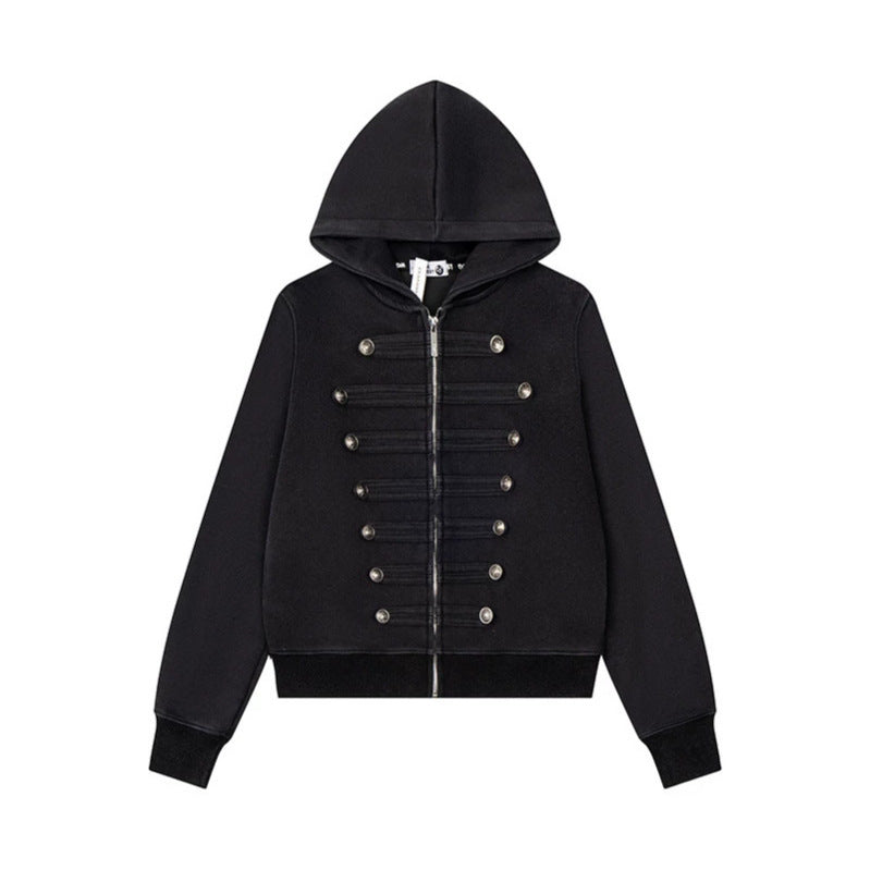 Women’s Hooded Sweat Jacket with Military Button Decoration and Full-Length Zipper Chichicherry