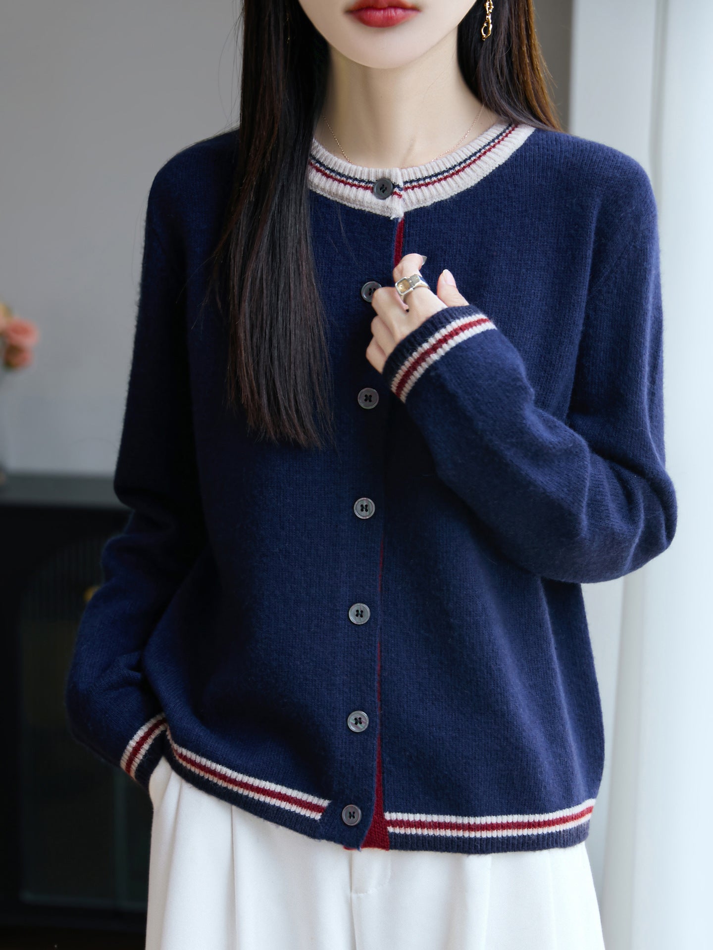 Women's Loose Fine Knit Cardigan with Contrast Stripes at Collar and Cuffs Chichicherry