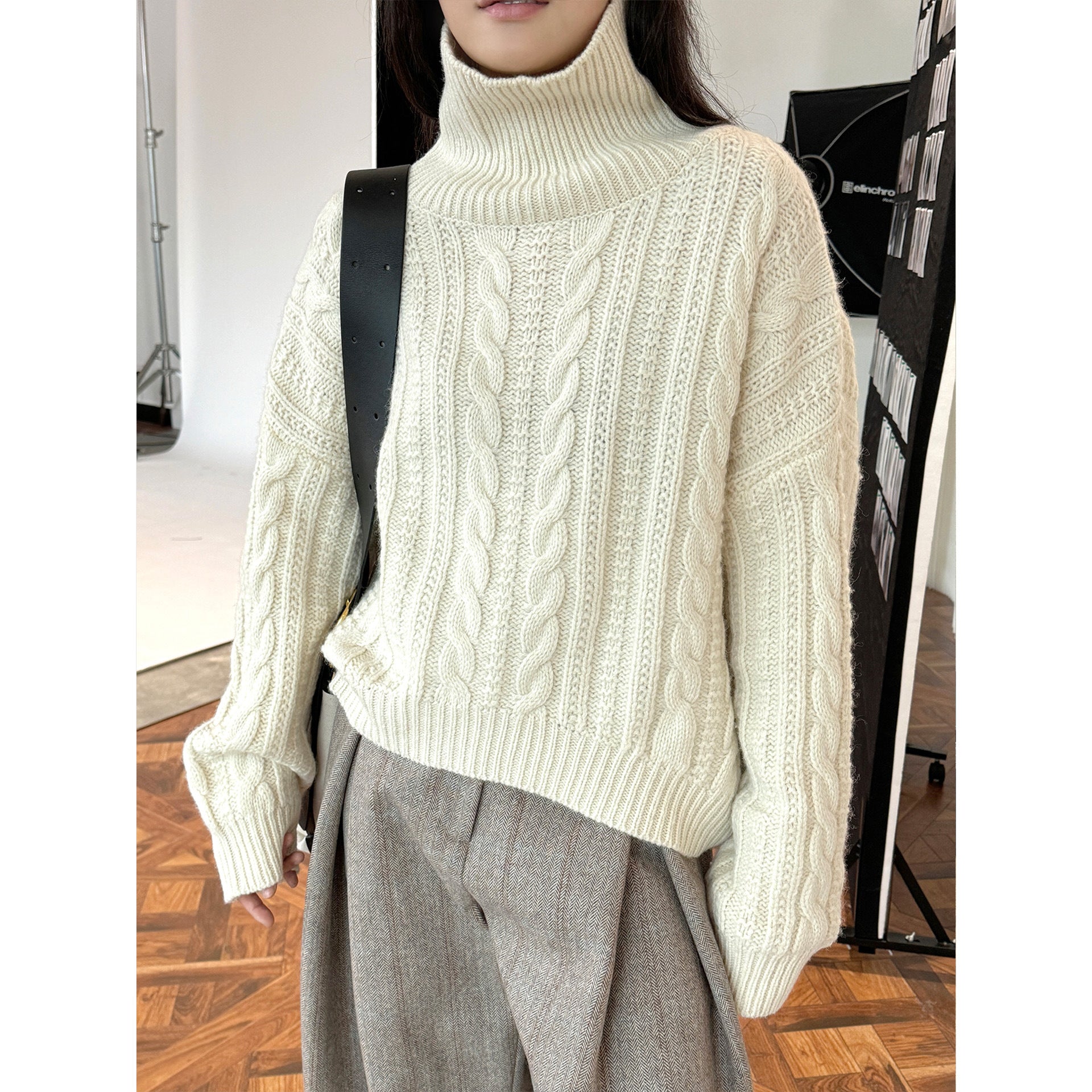 Women Chunky Knit Turtleneck Sweater with Cable Pattern and Relaxed Fit Chichicherry