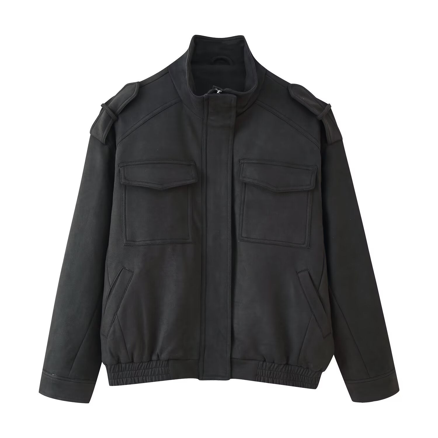 Ladies Utility Bomber Jacket with Epaulettes, Stand-Up Collar and Patch Pockets Chichicherry