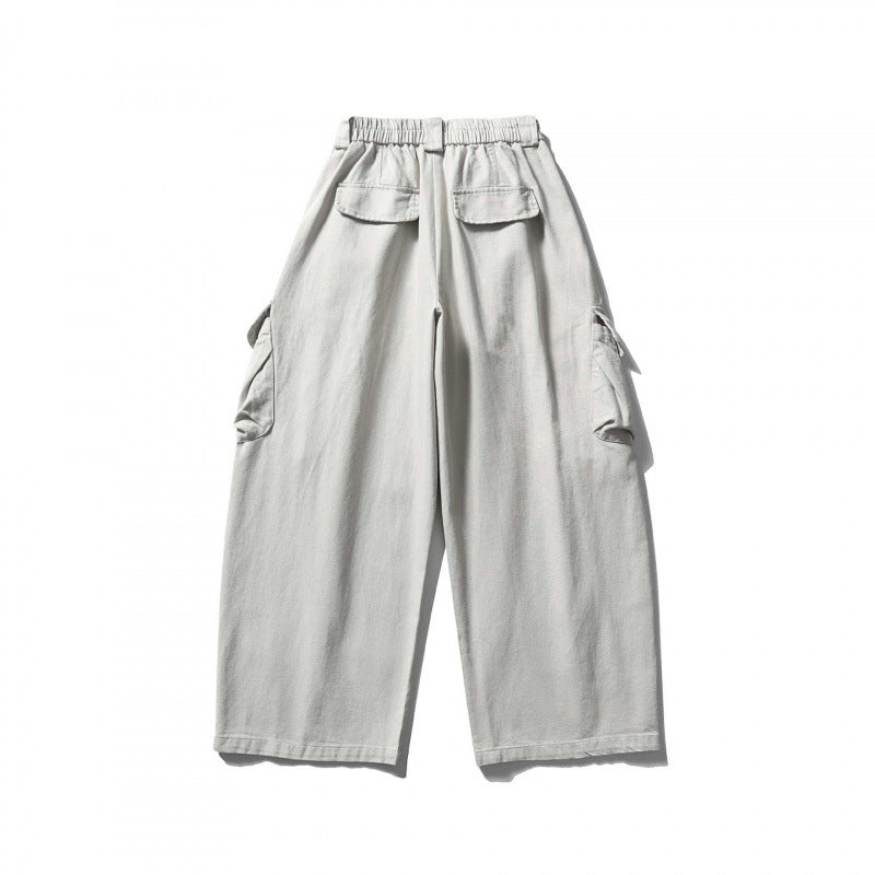 Unisex Wide Cargo Cropped Pants with High Elastic Waistband, Multiple Pockets and Drawstring Chichicherry