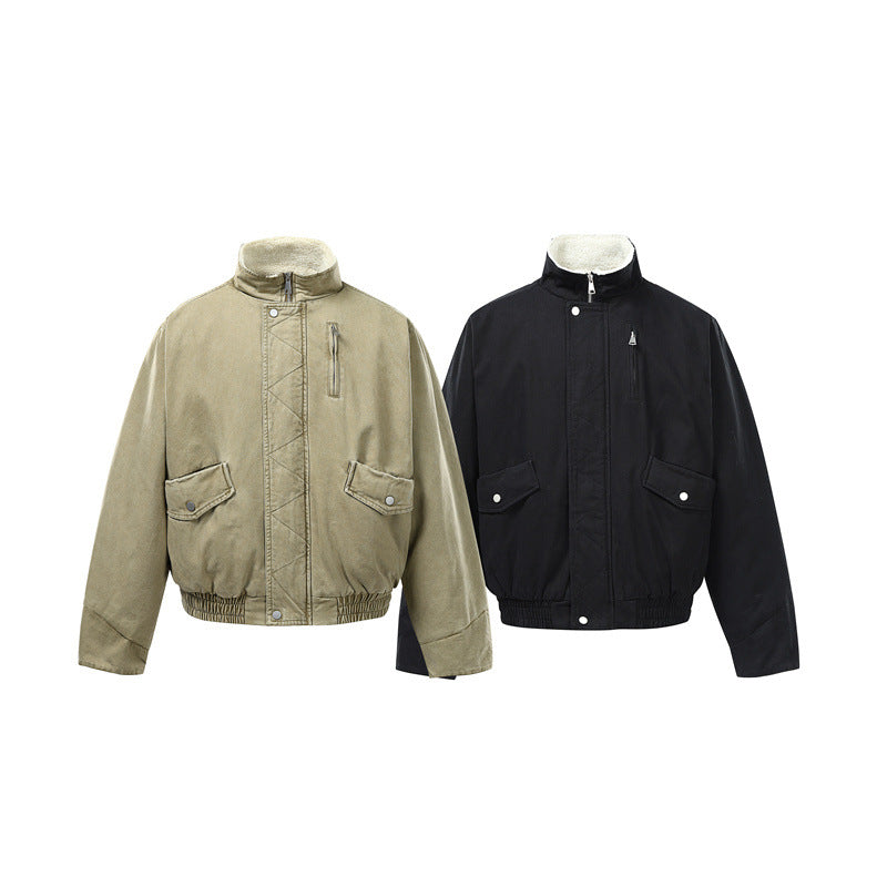 Men's Short Boxy Utility Bomber Jacket made of Canvas with Quilted Front Yoke and Stand-Up Collar Chichicherry